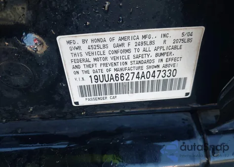 2004 Acura Tl Base W/Nav System (A5) from USA, damaged, VIN 19UUA66274A047330